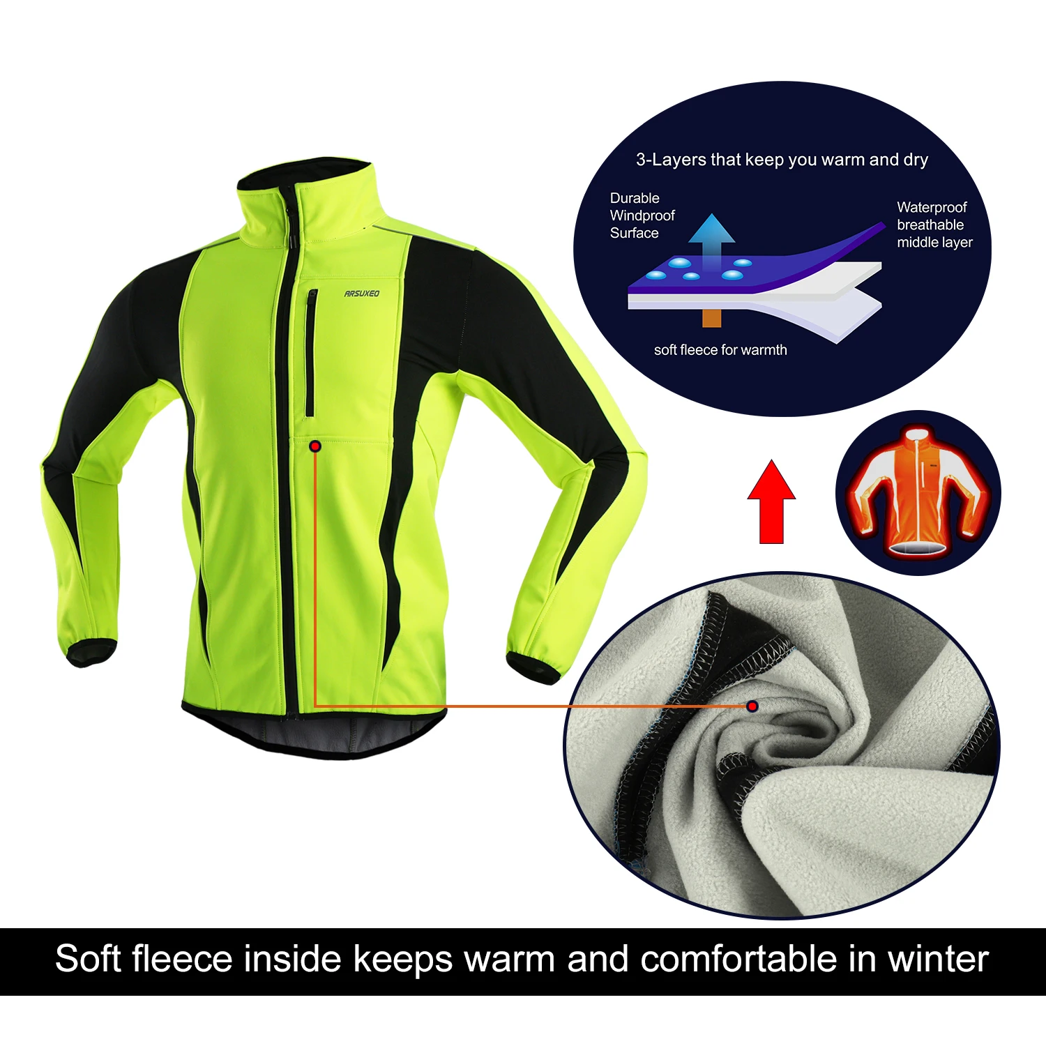 ARSUXEO – veste de cyclisme chaude pour hommes, maillot de vélo en polaire, coupe-vent imperméable, manteau Softshell, vêtements de vélo, imperméable moto