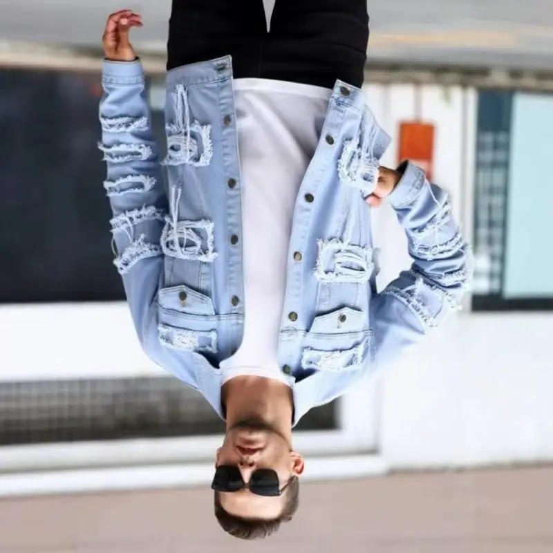 Autumn Bestseller Men's Casual Denim Jacket Button-down Front Pocket Patchwork Personalized FashionCoat This Year's Trendy Items