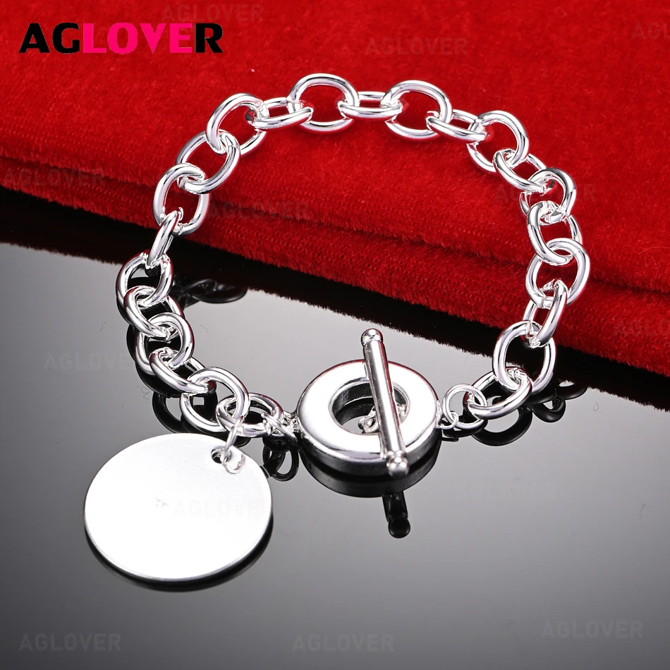 

AGLOVER 925 Sterling Silver Round Pendant OT Clasp Bracelet Women Charm Fashion Holiday Gift Jewelry
