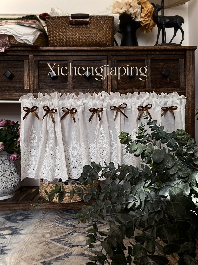 

Villa Soft Furnishings Pure Cotton Embroidered Half Windows Curtains for Living Room Finished Bay Coffee Door Curtain Heads