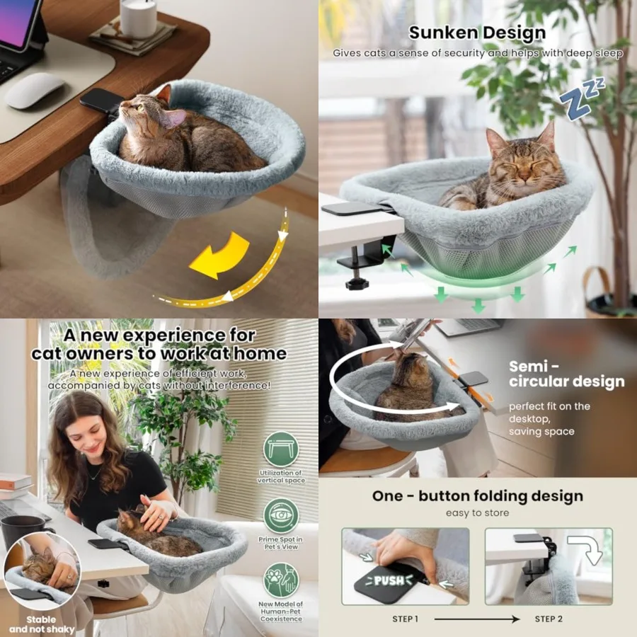 

Cat Desk Bed - One-Click Folding, Sunken Design and Space-Saving Semi-Circular Cat Bed, Soft Material, Suitable for Various Des