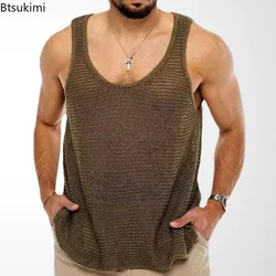 New Men's Summer Tank Tops Loose Knit Sports Vest Fashion Solid 100% Viscose Sleeveless Male T-shirt Breathable Mesh Sports Top