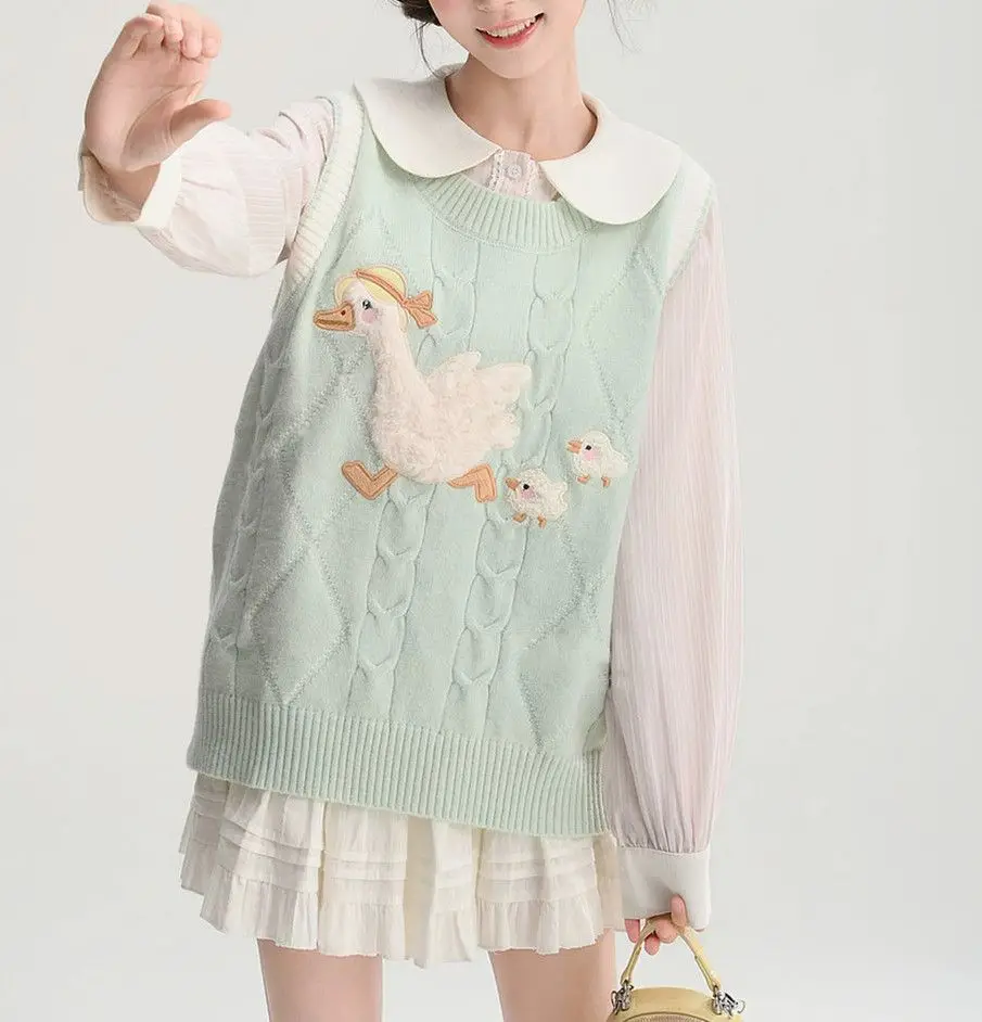 Y2K Sweet Cute Preppy Women Sleeveless Knit Vest Argyle Cable Knit Duck Patch Embroidery, Round Neck Casual Sweet Knit Waistcoat