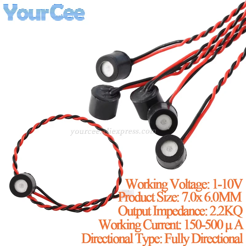 20pcs/2pcs MIC 6050 Waterproof Insulation Capacitive Electret Condenser Microphone 6MM 6*5MM Omnidirectional Line Wire 2P 1.25MM