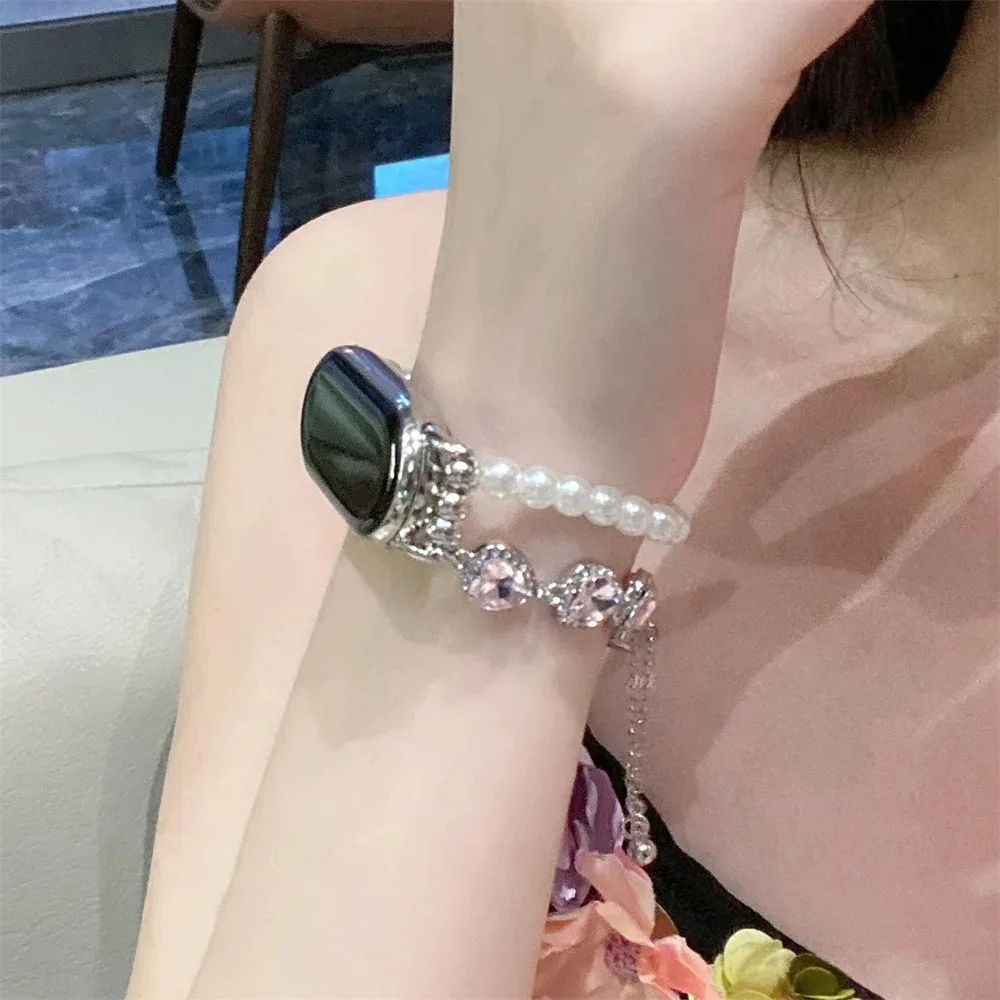 الحب القلب اللؤلؤ حزام ل Mi الفرقة 9/8 Smartwtach معصمه ل Redmi ساعة 5/4 سوار مجوهرات معدني لهواوي الفرقة 10/9/8