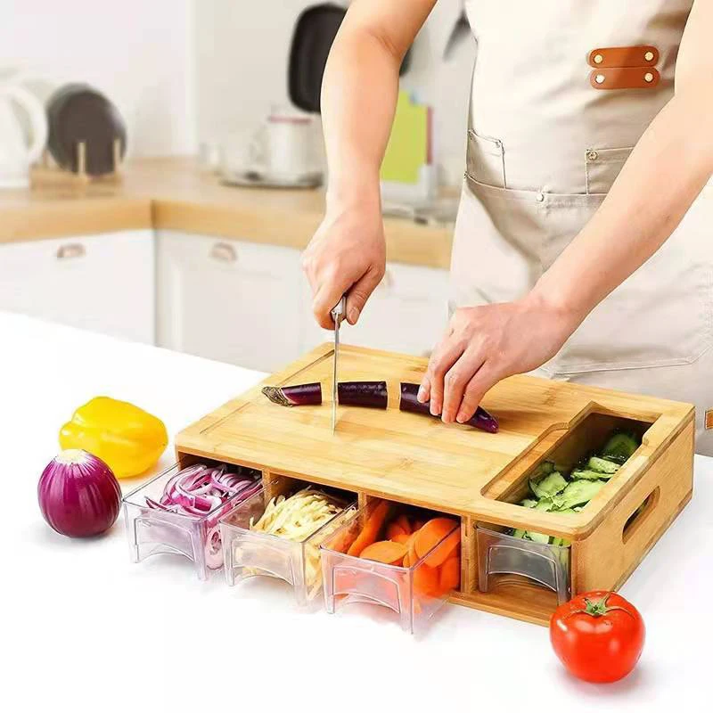 

Kitchen Essential Bamboo Cutting Board with Containers, Lids, and Graters, Large Wood Cutting Board with Containers