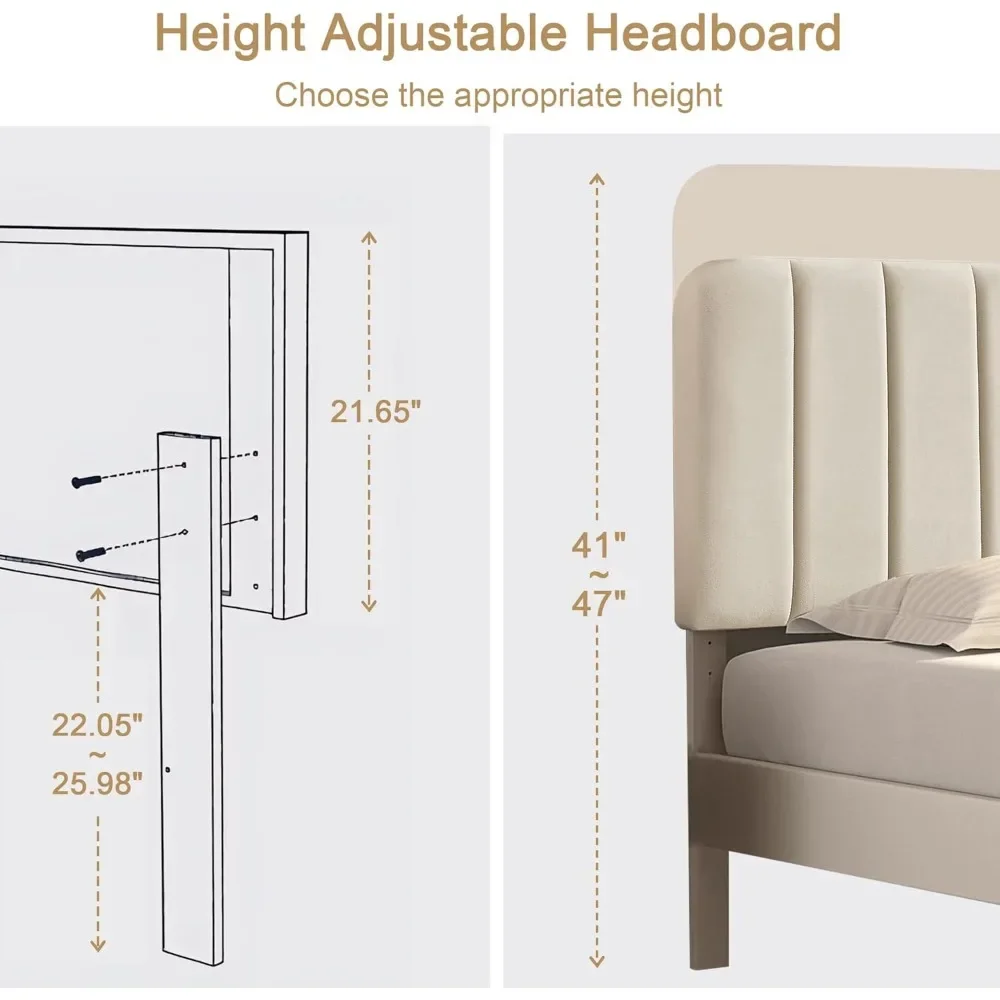 Twin Size Upholstered Bed Frame with Adjustable Headboard, Velvet Platform Bedframe Mattress Foundation, Strong Wood Slat