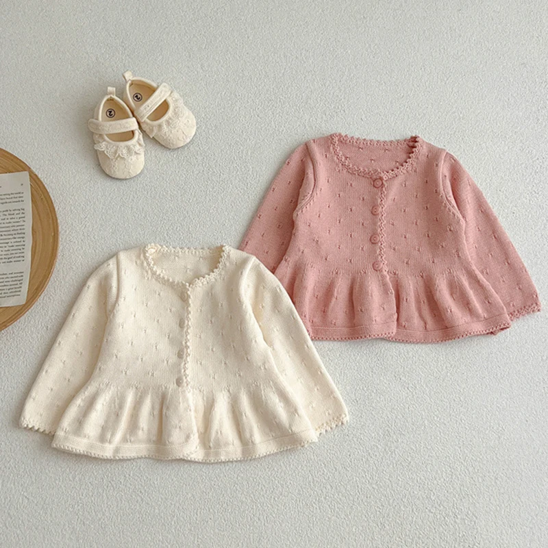 Autumn Spring Newborn Baby Girls Knitting Cardigan Long Sleeved Solid Color Knitted Cardigan Coat Toddler Baby Girls Sweater