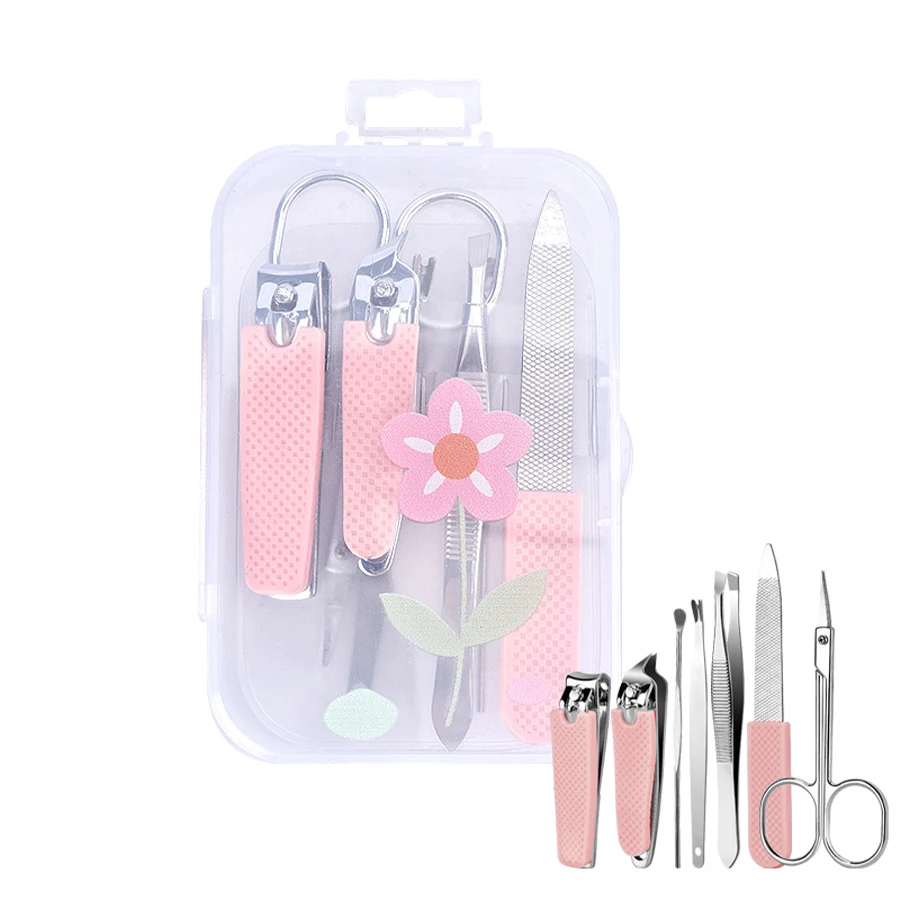 مجموعة مانيكير لطيفة من الفولاذ المقاوم للصدأ للنساء والرجال ، مقصات الأظافر ، تصميم كرتون ، مانع للإنزلاق ، حافظة محمولة ، مجموعة 7
