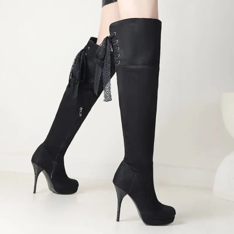 ORCHA LISA 2026 Women's Thigh Boots Black 12cm Stiletto Heel Round Toe Knot Design Flock Suede Size 41 43 Party Dating Booties