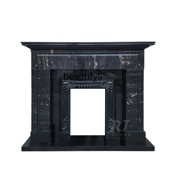 TTT French fireplace marble mantel black black gold flower stone retro American simple living room