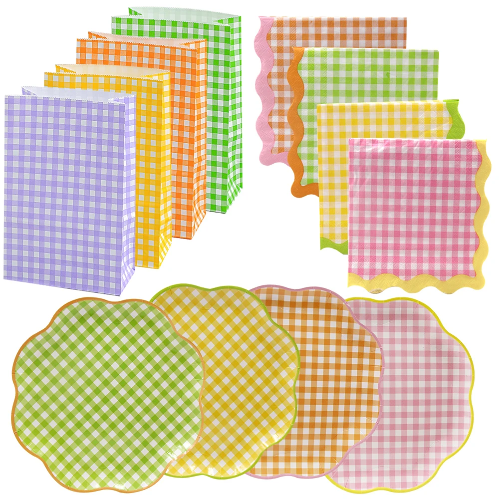 1set Plaid Disposable Tableware Colorful  Checkered Paper Napkin Candy Bags For Easter Spring Birthday Party Decoration Supplies