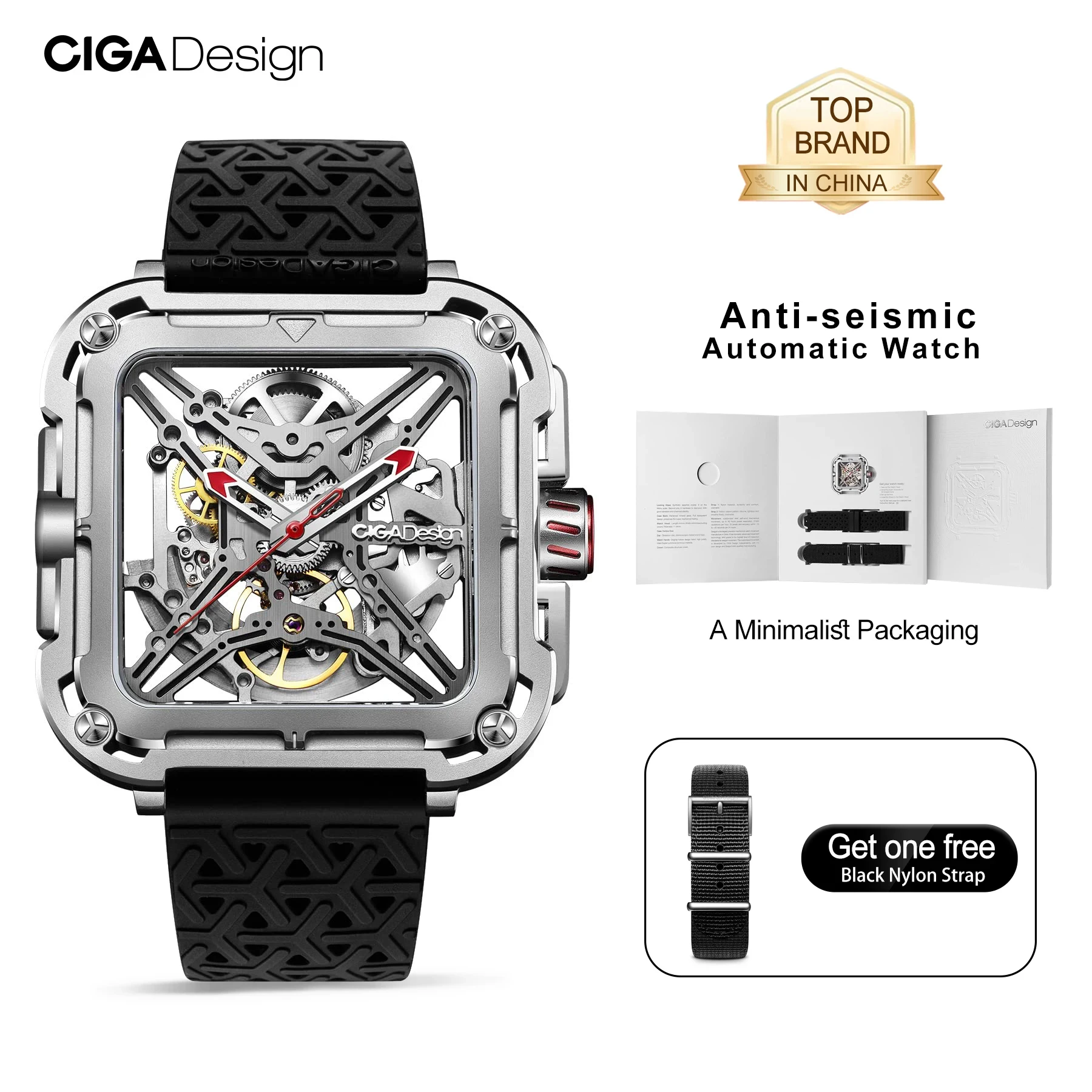 CIGA Design X Series Mechanical Watches Men Automatic Movement Skeleton Watch Anti-seismic 316L Silver Case Sapphire Crystal