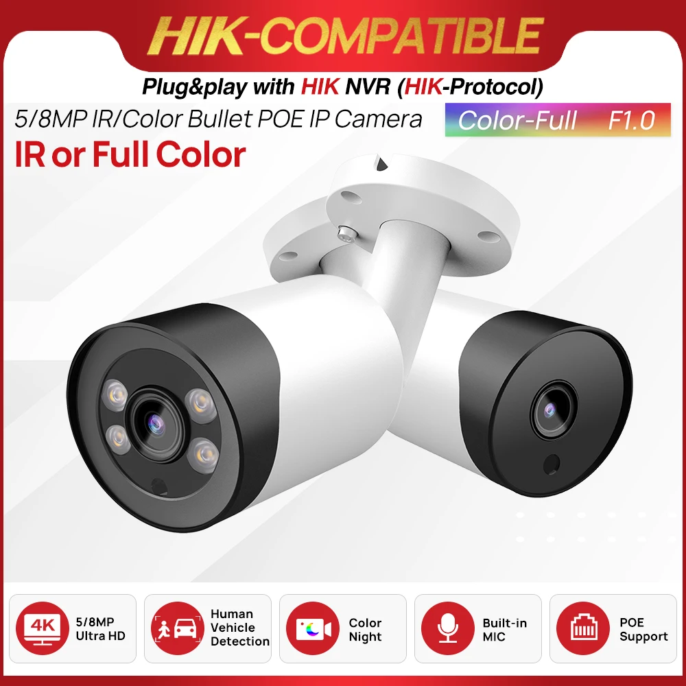 Summer Sale Hikvision Compatible 5MP 8MP Mini Bullet IP Camera IR 30m Built-in Mic Human Vehicle Detect Plug&play with Hik NVR