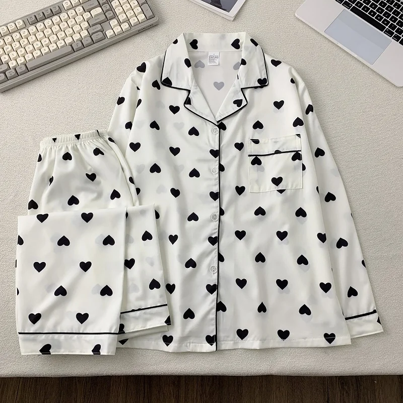 Preto amor impressão coreano moda pijamas conjunto plus size lapela pescoço estilo harajuku pijamas femininos conjunto nova primavera 2025 pijamas