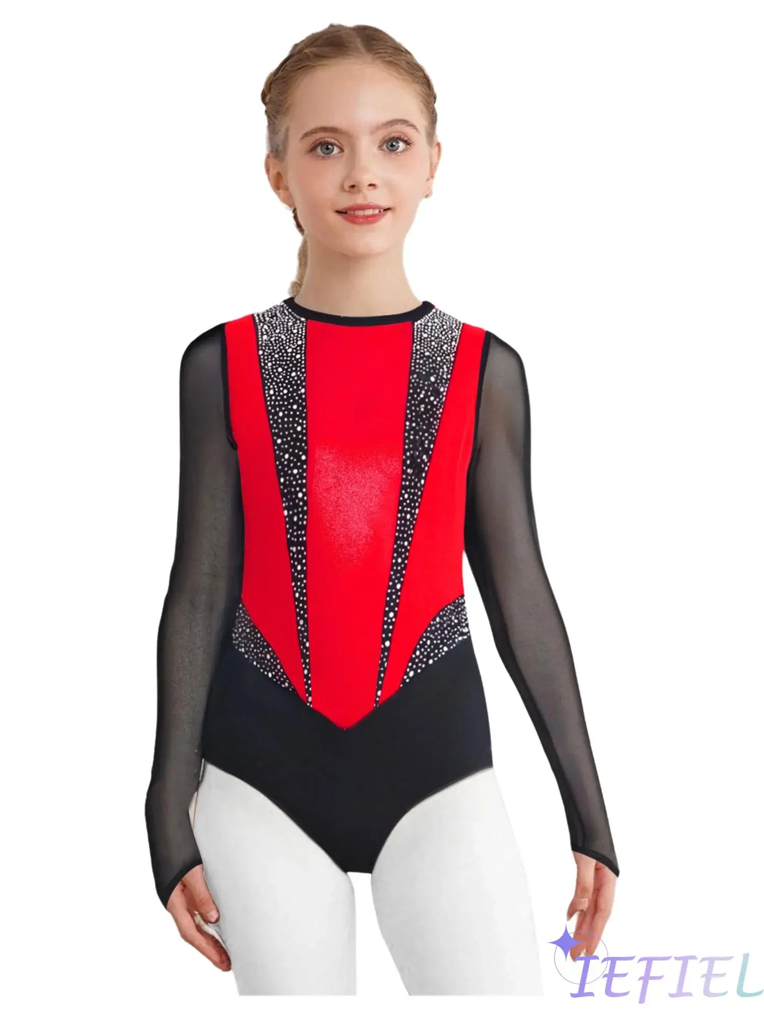 

Girls Ballet Leotard Shiny Rhinestone Color Block Metallic Gymnastics Sheer Mesh Long Sleeves Hollow Out Figure Skating Bodysuit