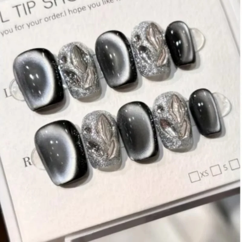 

10pcs Handmade Nails DIY Starry Sky Cat Eye Nail Art Design Black Reusable & Removable Nail Tips