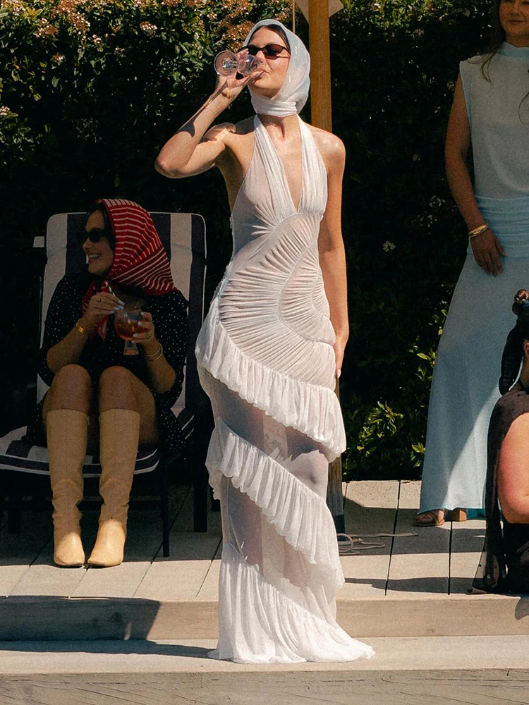 PB Fashion Sexy Mesh Sheer White Rüschen Neckholder Rückenfrei V-Ausschnitt Maxikleid Strandpartykleid