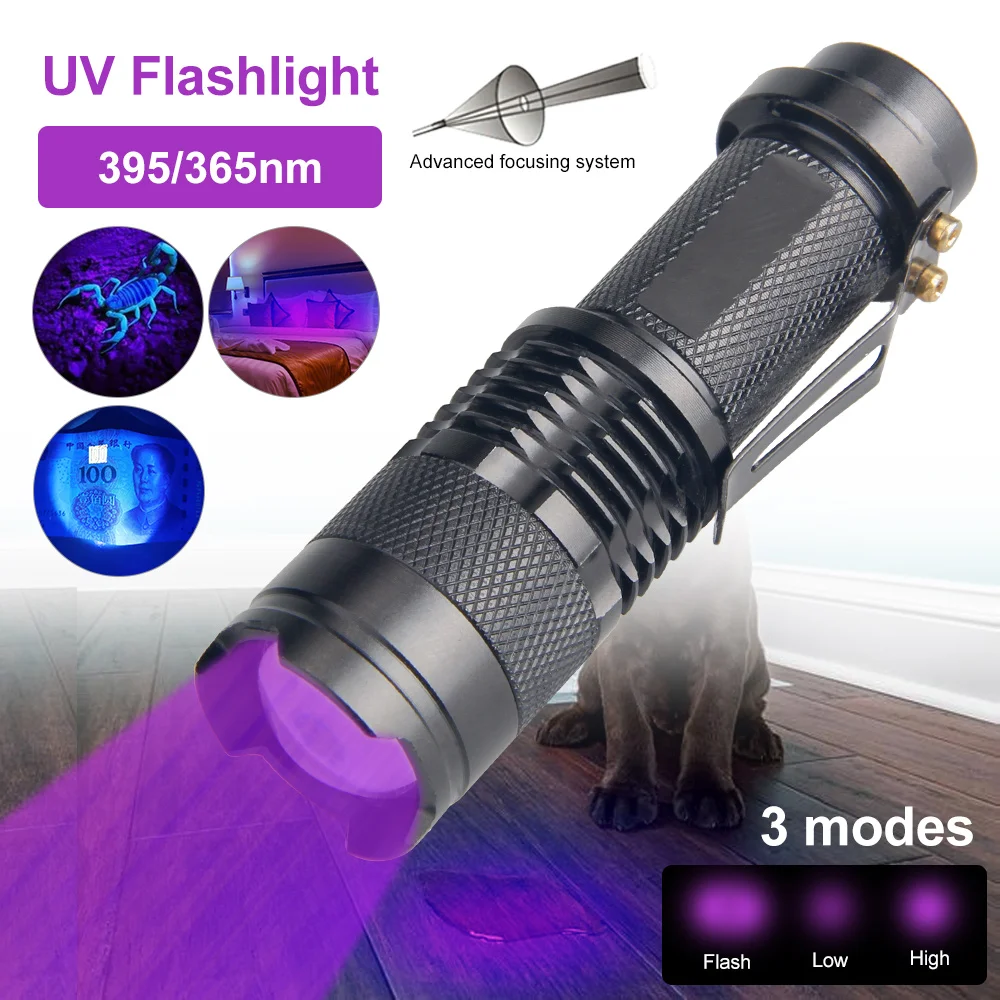 LED Mini UV Flashlight Zoomable Ultra Violet Lights UV Lamp Blacklight Handheld Portable Torch Pet Urine Detector for Bed Bug