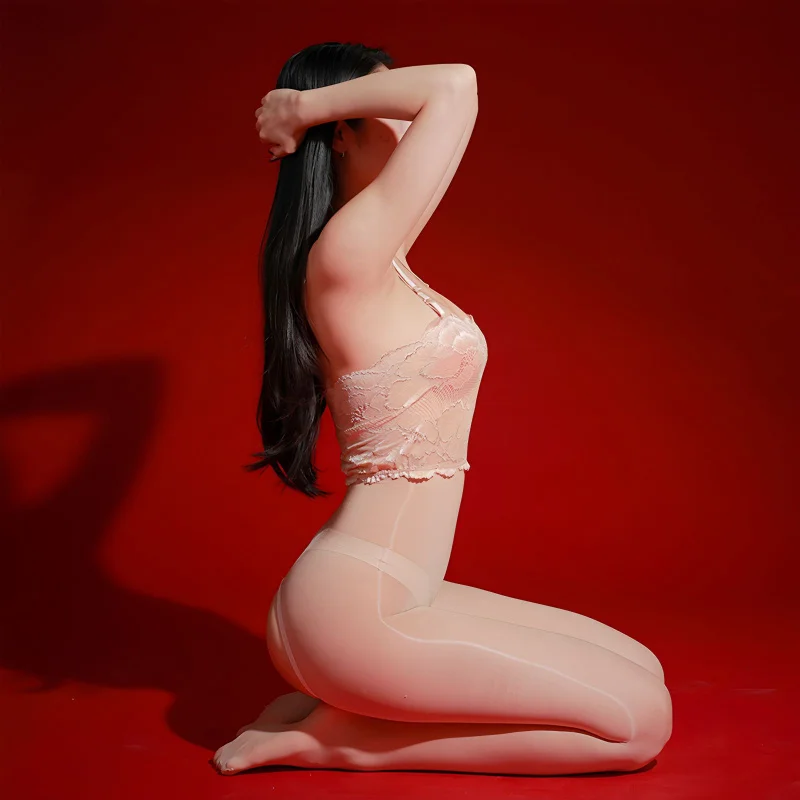 Xumi مثير الدانتيل الرسن الرقبة صديرية دائرية مفتوحة المنشعب قطعة واحدة جوارب 5D رقيقة جدا لامعة حريري شير الملابس الداخلية للنساء #4