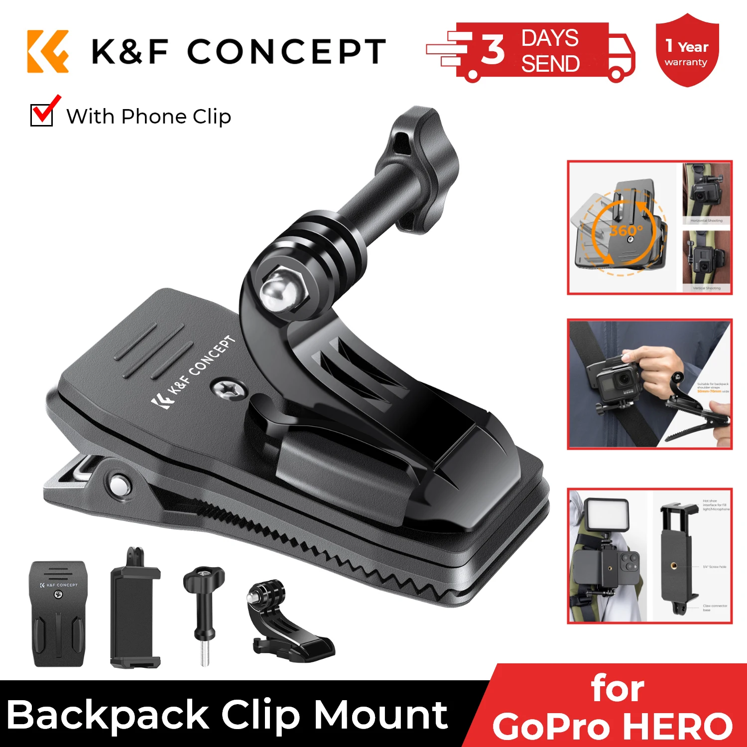 

K&F Concept 360° Rotation Backpack Strap Quick Clip Mount for Hero 13/12/11/10/9/8/7/6/5/4 Black DJI Osmo Action5 Pro/4/3 Camera