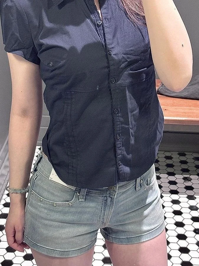 Vintage Short Sleeve Shirt Women's Design Sense Pleated Rear Strap Banded Top Breathable Polyester Fabric Summer Casual Wear