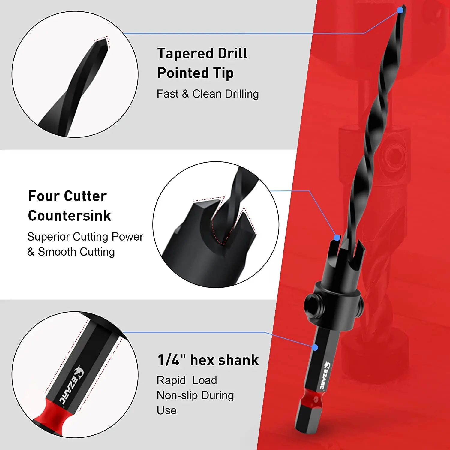 EZARC 10/7 Buah Set Bit Bor Countersink Kayu, Bit Countersink Tirus dengan 1/4 "Betis Hex, Pemotong Steker Kayu dan Kerah Berhenti