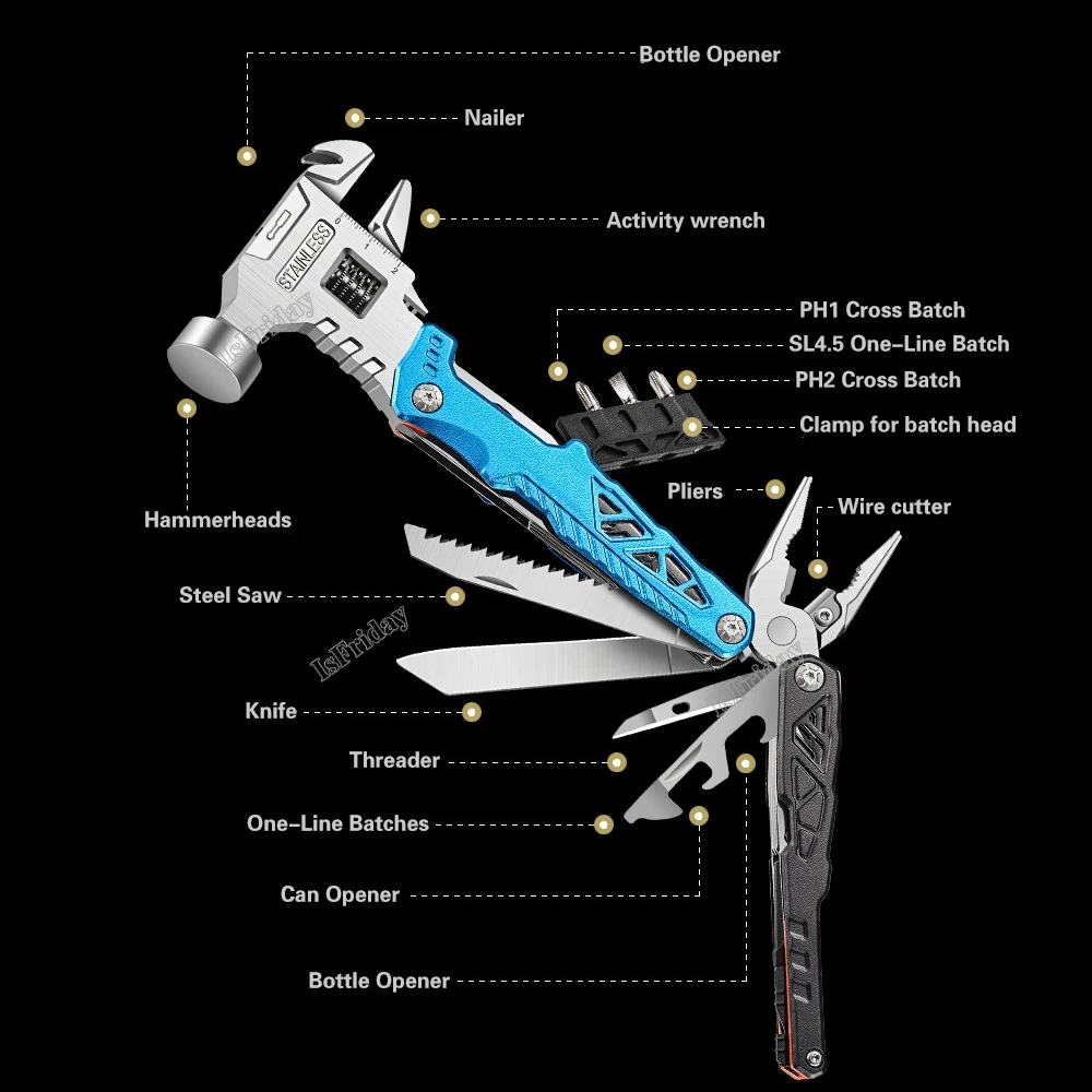 Universal Folding Pliers Hammer Outdoor Camping Multifunctional Round Head Hammer Stainless Steel Folding Nail Hammer Pliers