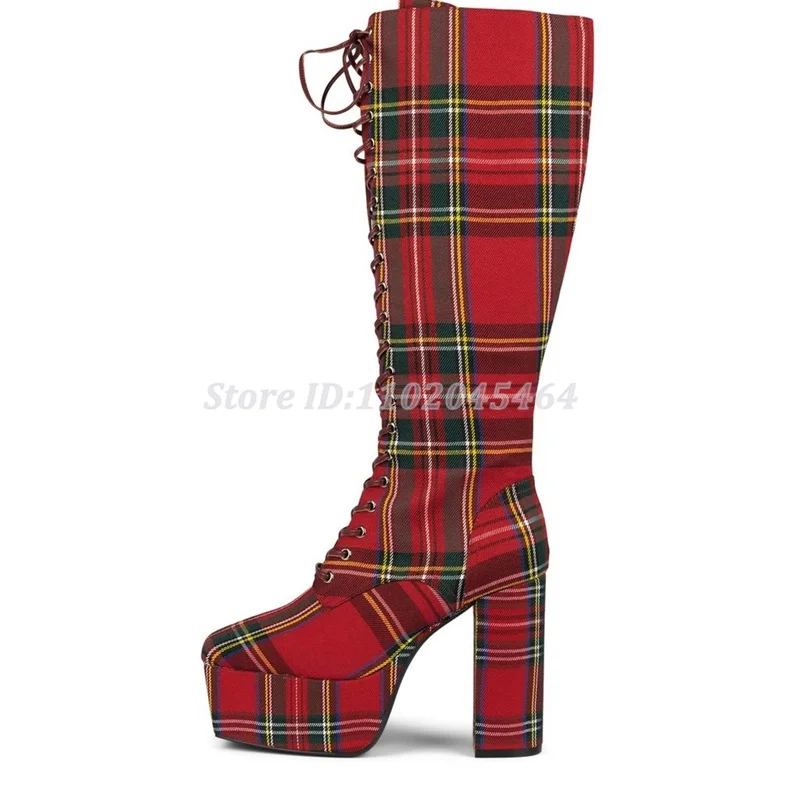 Christmas Dress Platform Chunky Heel Red Plaid Knee High Boots Women's New Year Gifts Lace up Big Size HIgh Heels Party Shoes