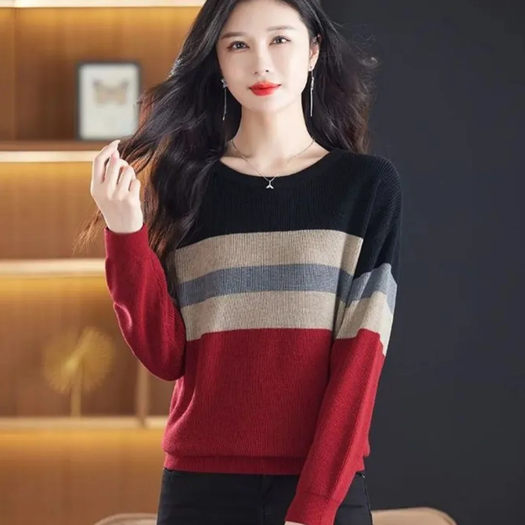 

Casual Sle Women's Camere Knitted Sweater round Ne Loose Fit Striped Patchwork Long Sve Warm Top for Autumn Winter