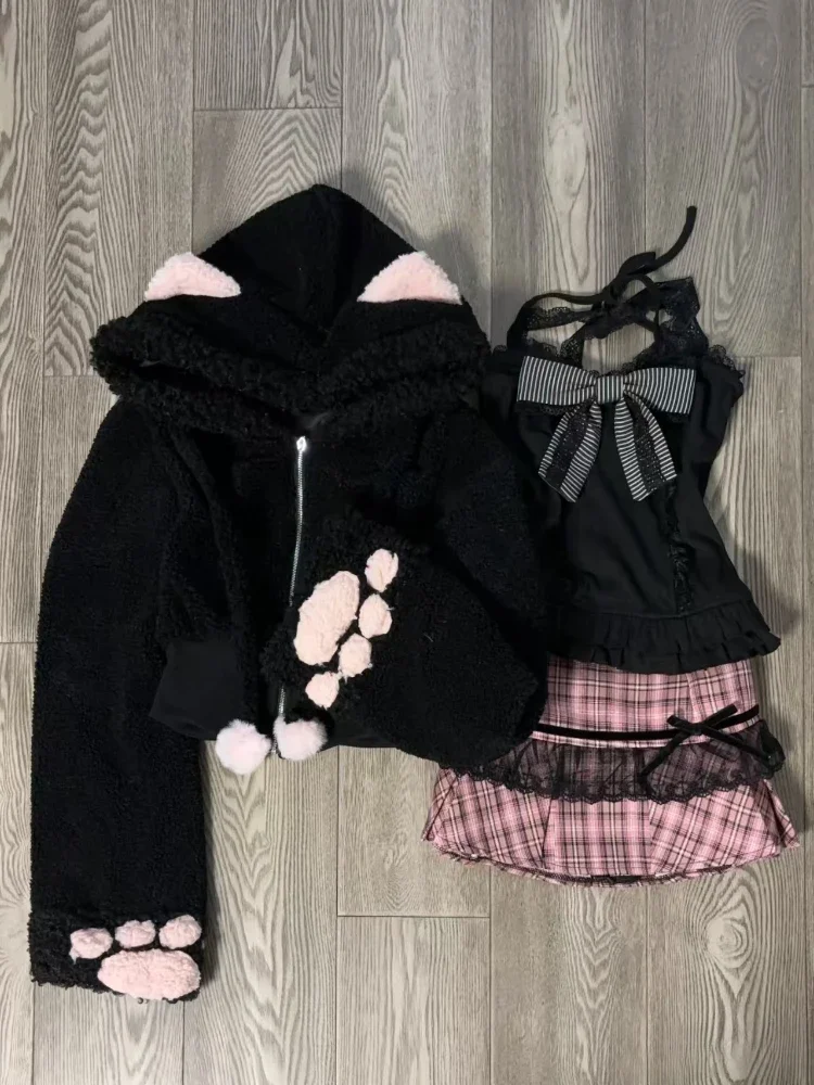 Autumn Winter Japanese Kawaii 3-piece Set Women High Street Sweet Hooded Coat Retro Bow Sling Vest + High Waist Plaid Pink Skirt