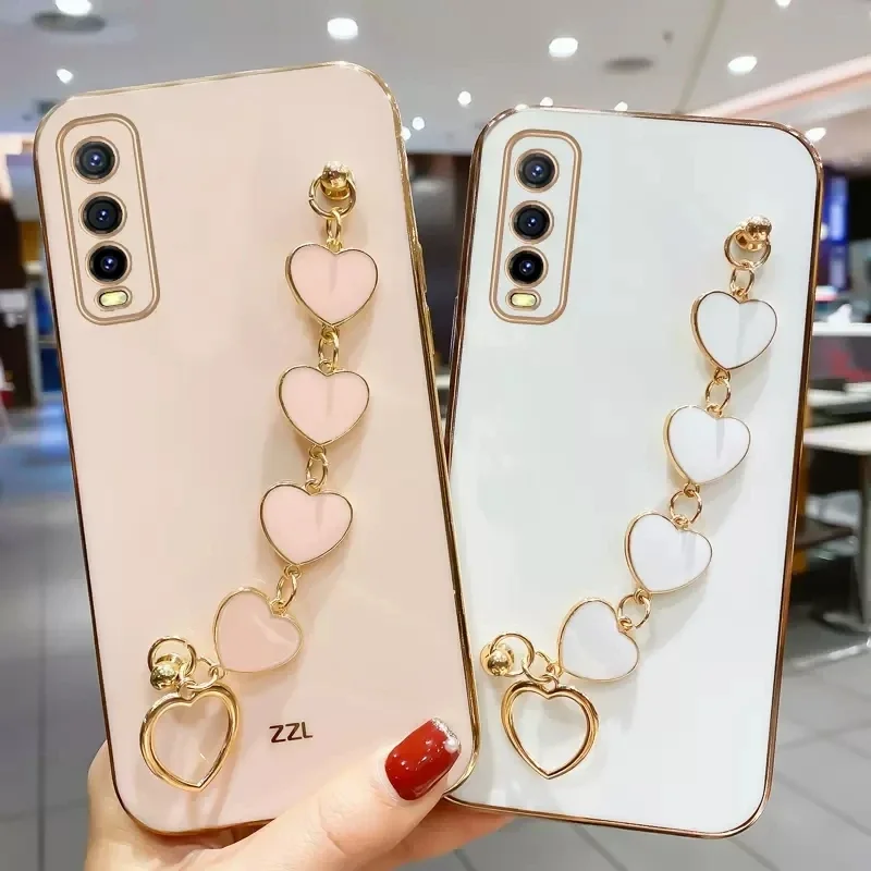 Fashion Plating Love Heart Bracelet Chain Case For vivo Y20 Y12S Y15S Y21 Y31 Y33S Y73 V20 V21 V21E V23 V25 Silicone Case Cover