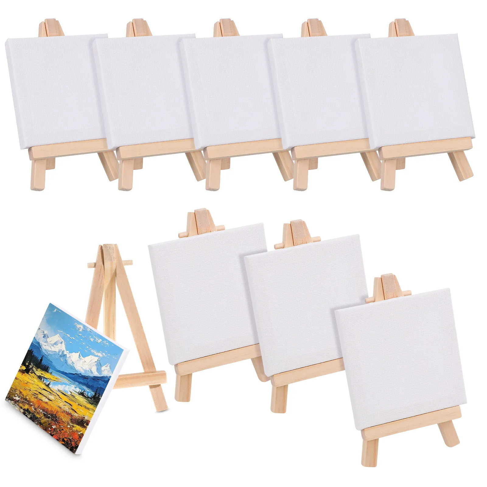 12Sets Mini Wooden Easel Canvas Set White Blank Art Boards for Painting Party Crafts Home Decor Artist Stretched Painting