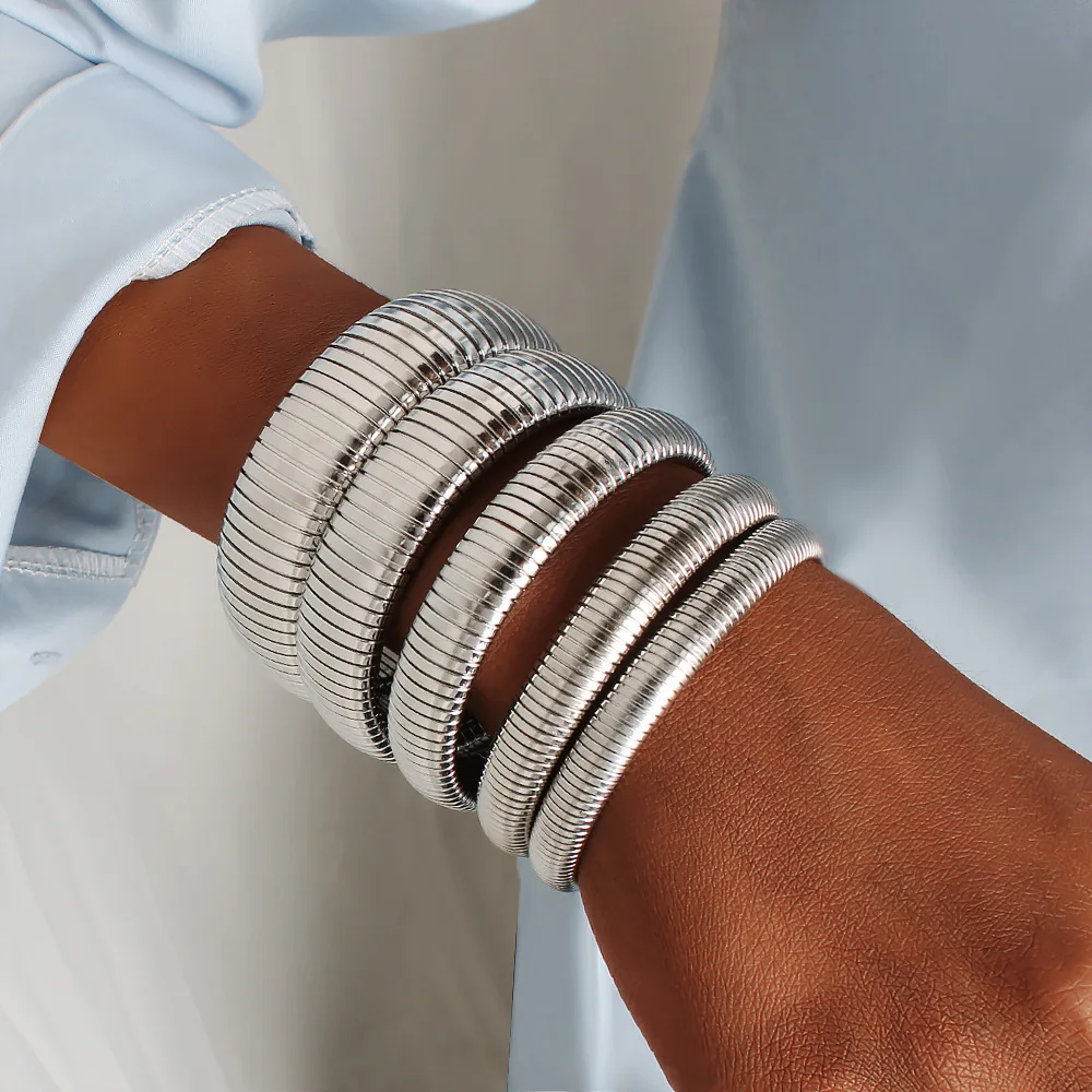 18k Gold Plated Titanium Steel Bracelet Vintage Elastic Gypsy Polishing Bangle For Women Girls Fashion Aesthetic Jewelry