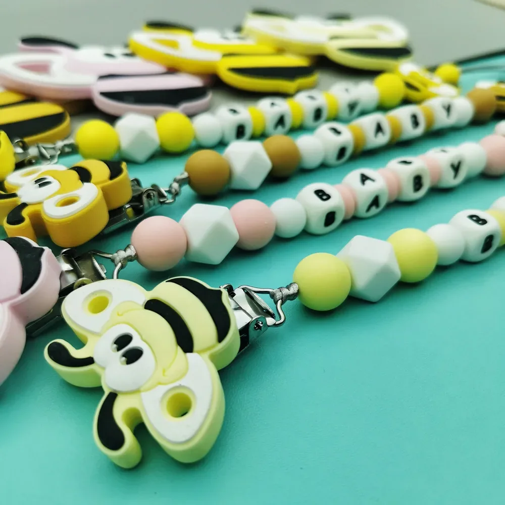 Aangepaste Engels Russische Siliconen Letter Naam Baby Bee Siliconen Hanger Fopspeen Clip Ketting Bijtring Baby Teethingr Kawaii Speelgoed Cadeau