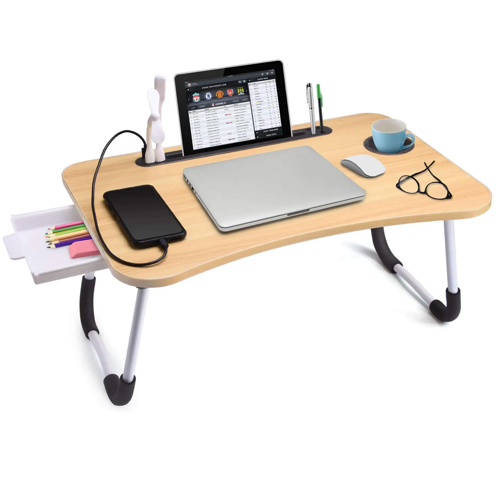 NUEVA mesa plegable portátil de 40x60 cm para ordenador portátil para uso en oficina y hogar con luz USB, ventilador pequeño, portavasos, ranura para tableta