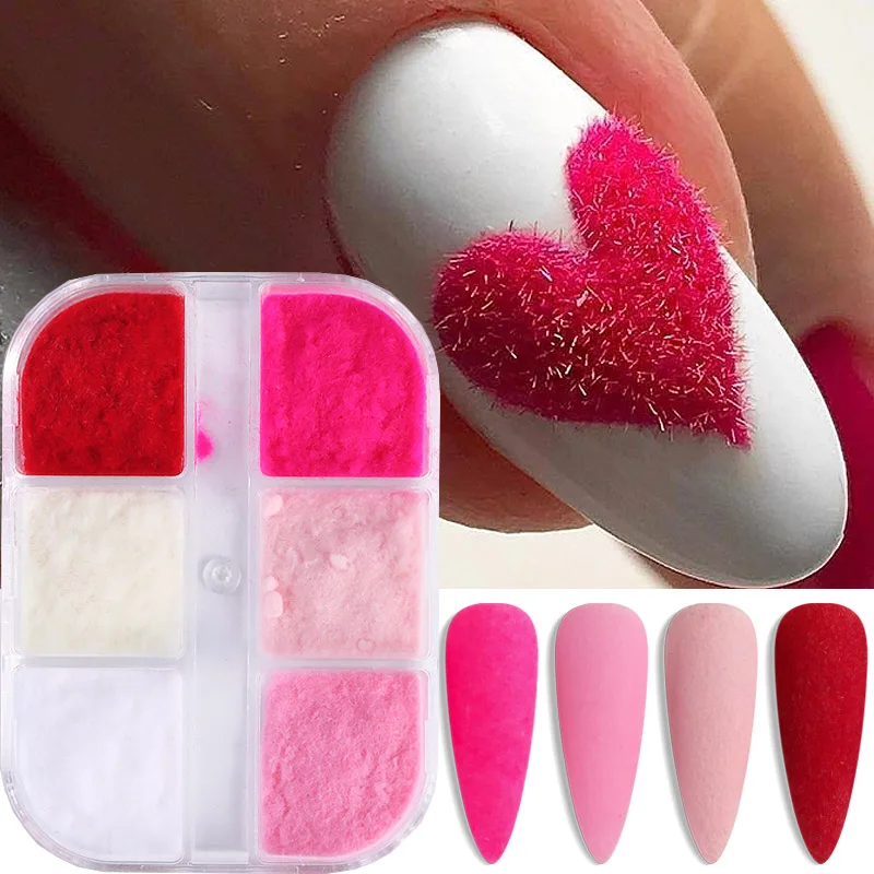 Pink, white, and red velvet nail art decoration, cute kawaii 3D holographic velvet shiny design nail powder DIY nail products