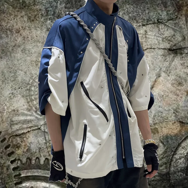

Rivet short sleeves summer jacket Men's outerwear tops 2025 , design casual stand up Collar Stripe stitching shirt jacket
