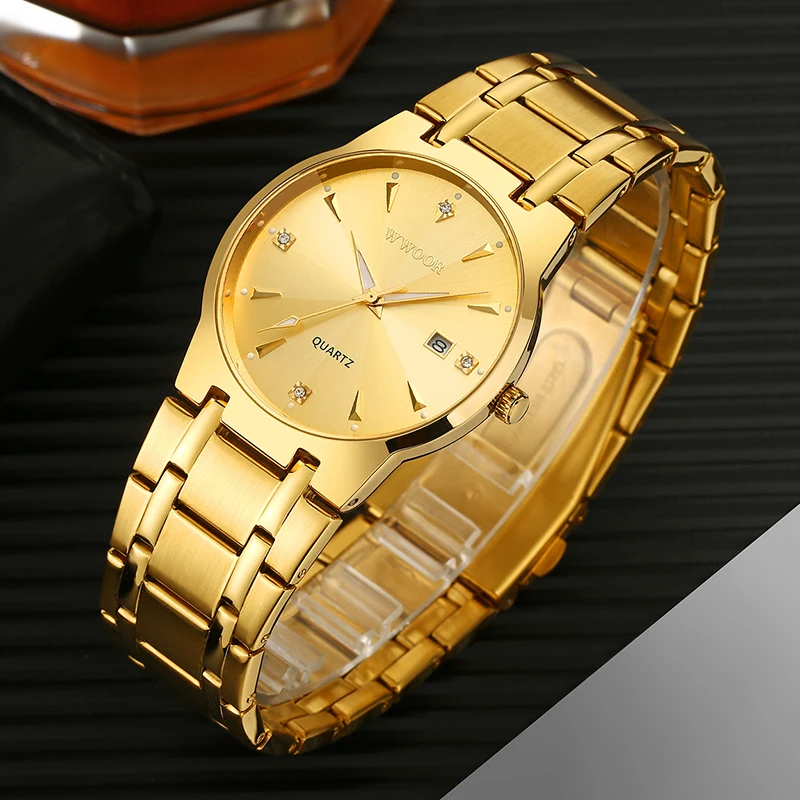 WWOOR Watch for Men Gold Stainless Steel Waterproof Date Quartz Clock Male Luxury Fashion Leisure Workplace Work Men\'s Watches