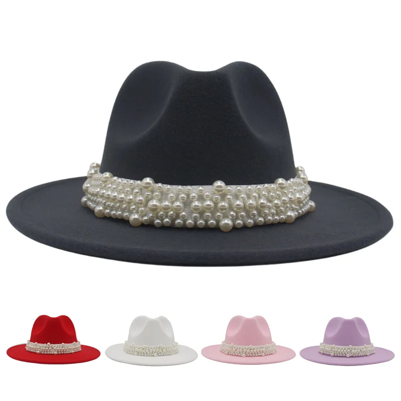 

Hepburn Style Pearl Wide Brim Fedora Hat for Women Elegant Vintage French Romantic Pearl Wide Brim Felt Jazz Hat Autumn Winter