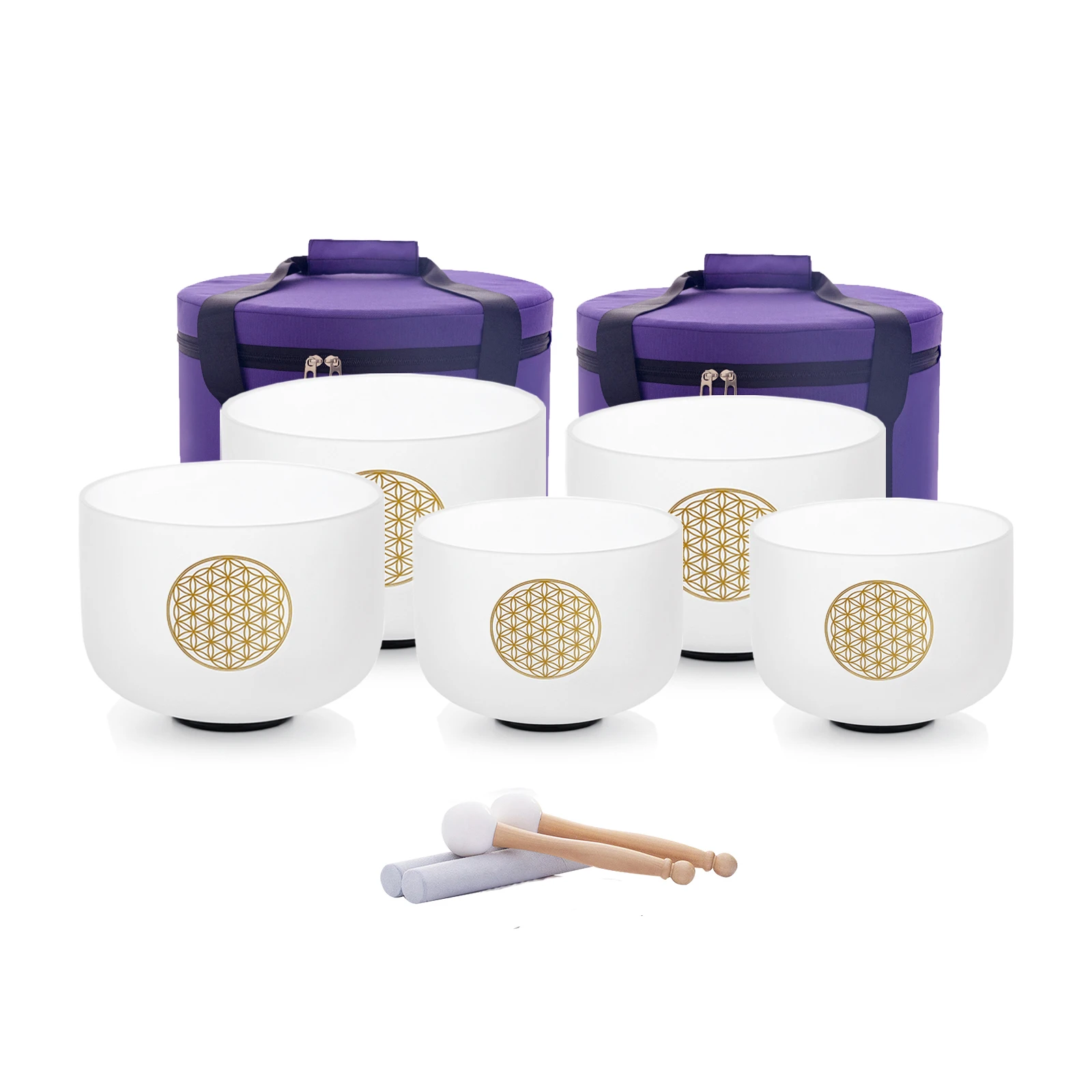 Hye-eun 5 قطعة Solfeggio مجموعة الحياة زهرة تصميم كريستال جرس الموسيقى مجموعات مع أكياس التأمل الموسيقي لليوجا الصوت شفاء