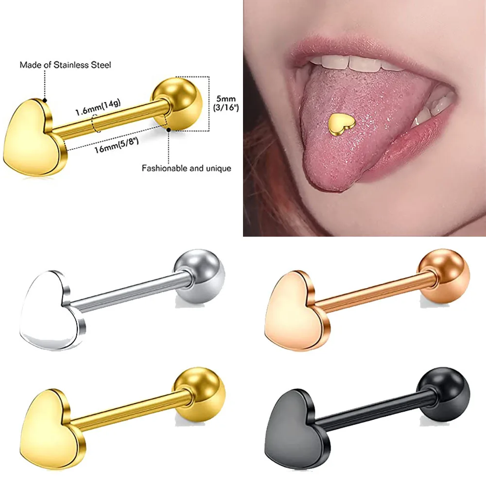 1Pc 14G Heart Stainless Steel Tongue Piercing Studs For Women Men Cool Punk Hip Hop Rock Tongue Barbell Rings Body Jewelry Gifts