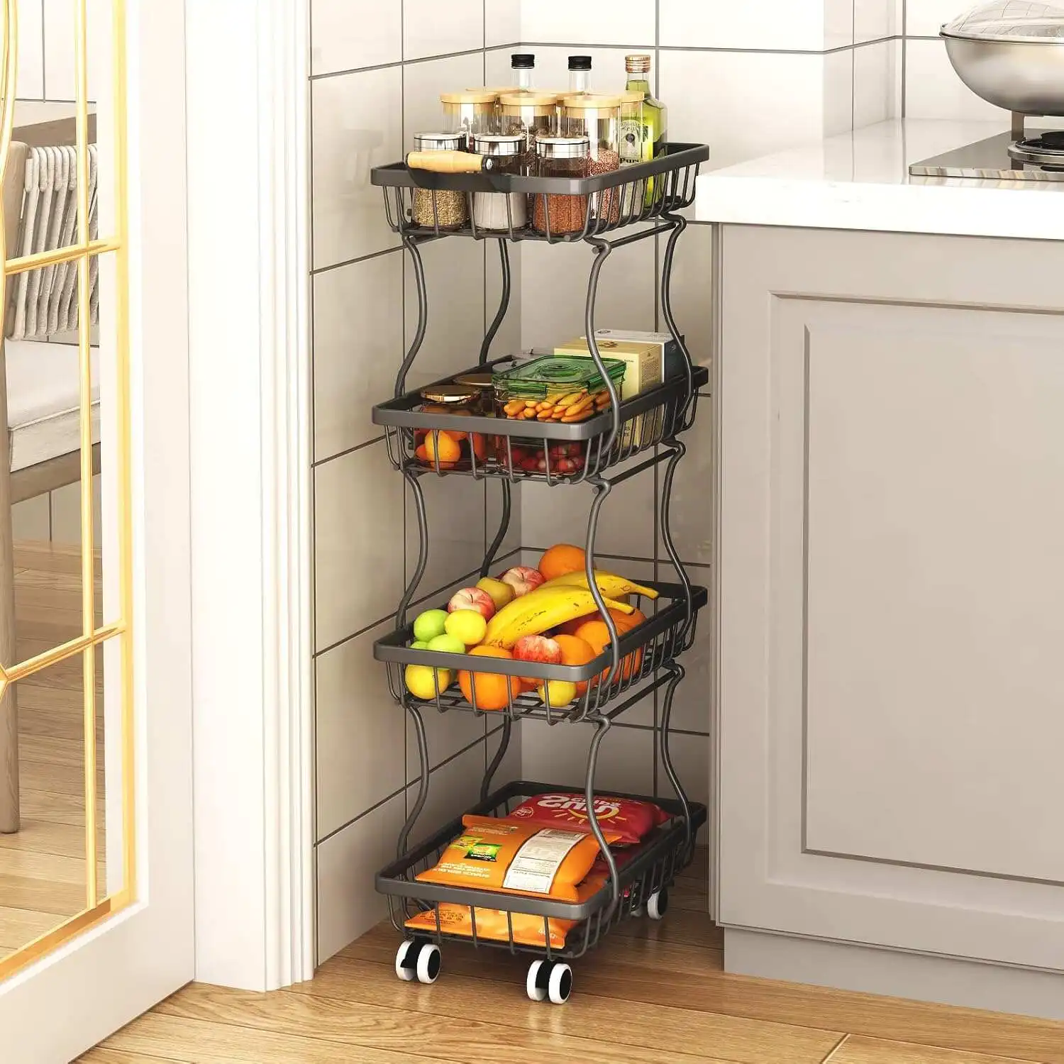 4-Tier Stackable Metal Wire Basket Organizer Rolling Utility Cart with Wheels Rustproof Kitchen Storage Rack Mobile Trolley for Fruit Vegetable Produce Snack Bathroom Bedroom Pantry Organization Black
