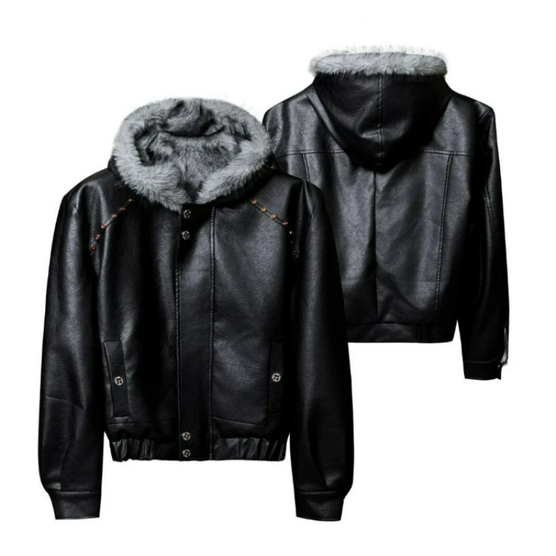 

American Retro Hooded Mountain-carved Leather Jacket Cotton-padded Jacket for Men 2026 Winter Thickened Collar Warm Outerwear