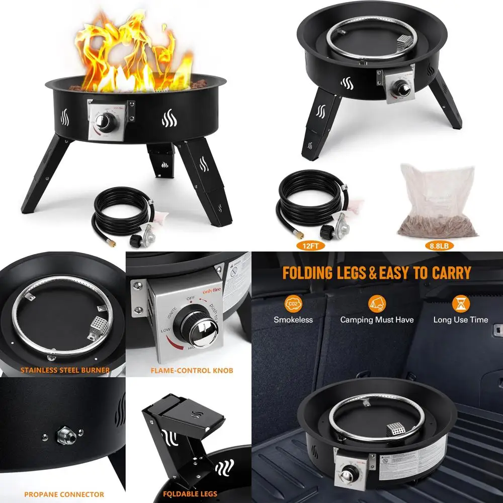 

Propane Fire Pit 19" with Gas Hose, Height Adjustable Gas Firepit with Lava Rocks -Portable Smokeless Fireplace for Outside Cam