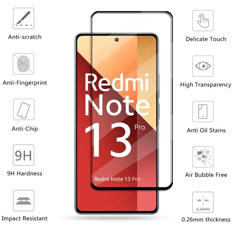 غطاء كامل من الزجاج المقسى لـ Redmi Note 13 Pro ، واقي الشاشة ، غشاء العدسة ، عالمي ، 6in 1