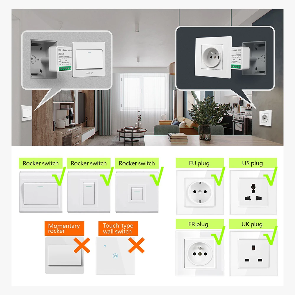 433 Mhz Wireless Remote Control Mini Light Switch Supports 2 Way Control 220v Relay Moudle Timing Control for Home Lamp Led Fan