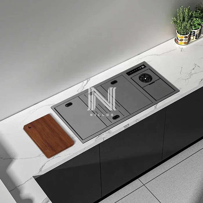 9845 luxurious modern hidden black nano double bowl cup washer smart sink hydro purification kitchen sink with dishwasher