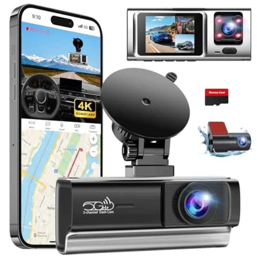 

Dash Cam for Car Use, 3-Channel 4K+1080P+1080P Recording, Black Housing, 5GHz WiFi APP Control, 64GB Card Included, 24H Parking