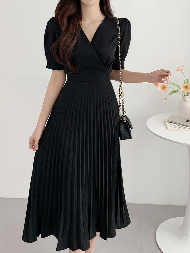 Vestido Psado F Novo de Verão com Decote em V, Manga Bufante, Cintura Ajustada, Estilo Midi Slim A-Line, Espura ...